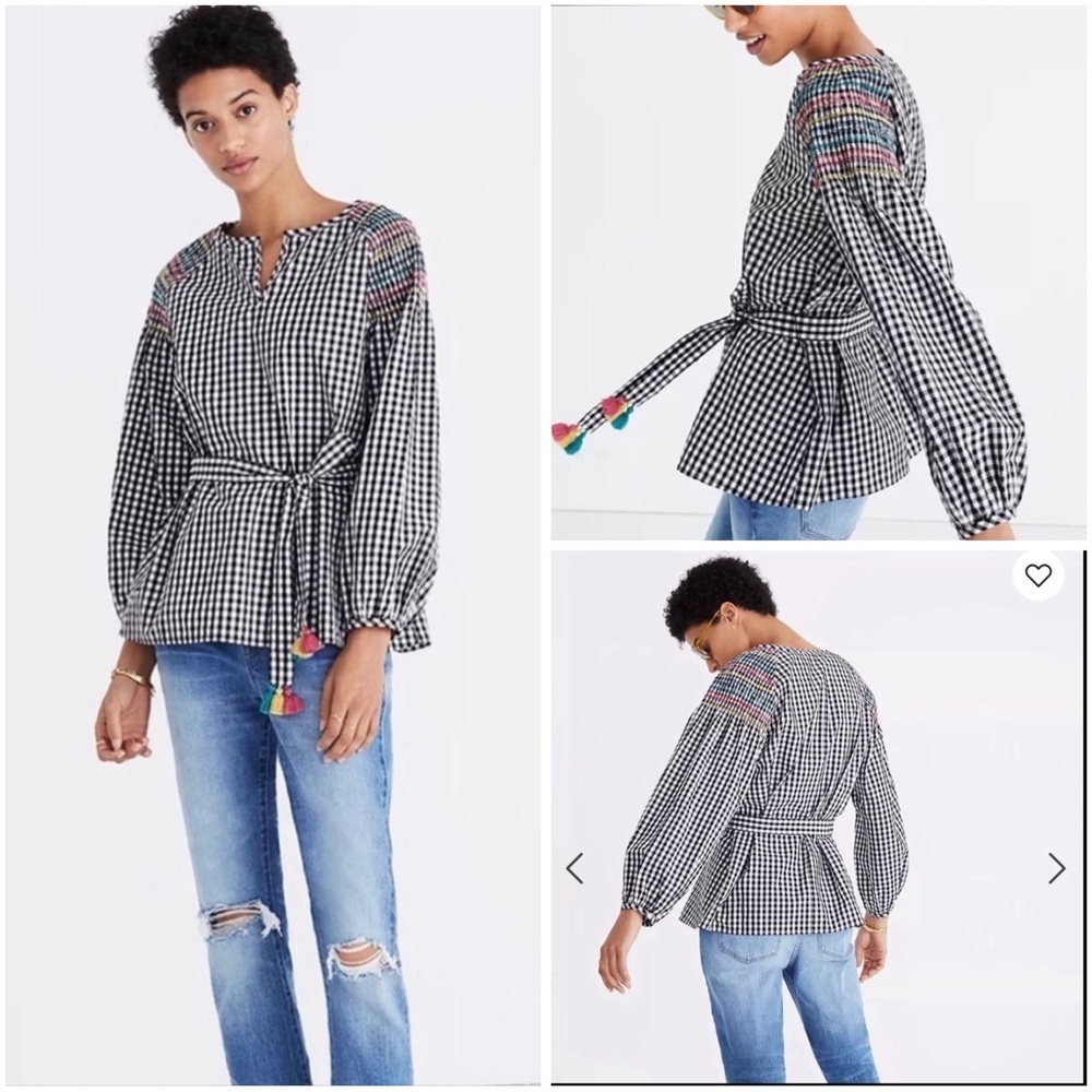 Madewell Smocked Gingham Top Size Small